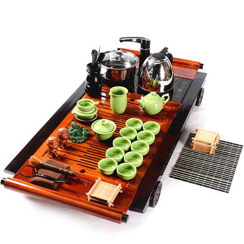 馨铭堂 画卷 青瓷开片釉茶具实木茶盘带电热炉整套功夫茶具套装