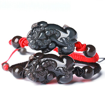 媚魂冰种彩虹眼黑曜石貔貅手链 手工编织红绳