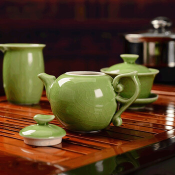 馨铭堂 画卷 青瓷开片釉茶具实木茶盘带电热炉整套功夫茶具套装