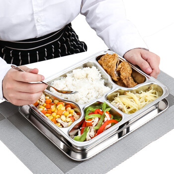 
                                        尚合 健康不锈钢分格饭盒学生食堂外送快餐盘餐盒 大号加深带盖便当盒 蝶形五格不锈钢盖                