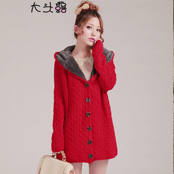 大头露2014冬款<em>孕妇装</em>加厚加绒连帽麻花中长