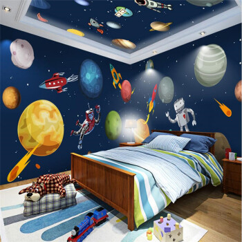 宇宙银河墙纸卡通手绘幼儿园科技馆壁画太空主题儿童房全屋背景墙 5d