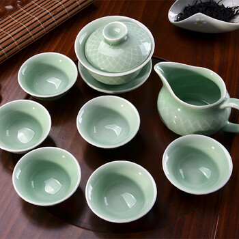 
                                        天泽（TIAN ZE）功夫茶具套装整套龙泉青瓷家用茶杯盖碗公杯汝窑陶瓷盖壶茶海 普通礼盒包装                