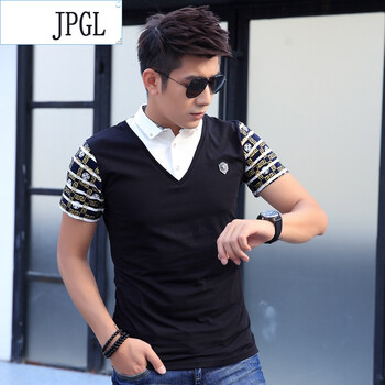 JPGL1037-2016夏短袖男士T恤翻领修身拼色假