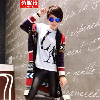 芬妮诗 2014七彩撞色几何<em>长开衫</em>针织<em>毛衣</em> 图片