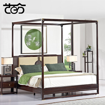 艺百分新中式高柱床全实木四柱床架子床柱子床