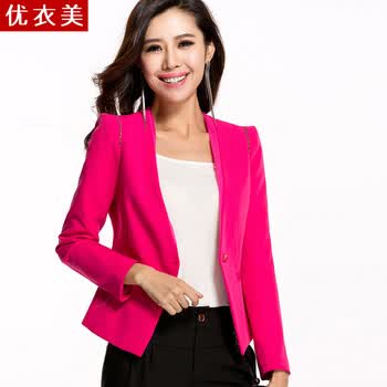 冬新款韩版修身玫红色长袖<em>短款小西装女外套</em>女