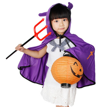 仕彩万圣节服装儿童表演服装cosplay恶魔牛角披风儿童演出服 紫色披风+恶魔叉+南瓜灯