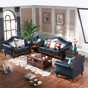 美式实木真皮沙发简约欧式别墅进口油蜡皮组合