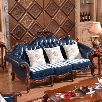 羽居 欧式真皮沙发 美式实木沙发123组合 雕刻