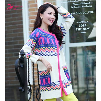 俏巴伦 2014秋冬新款 韩版<em>圆领</em>针织<em>开衫长款</em>毛