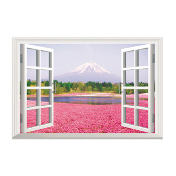 聚满福 墙贴 粉色花海 3d立体假窗户风景墙贴画 客厅卧室环保墙贴 60*
