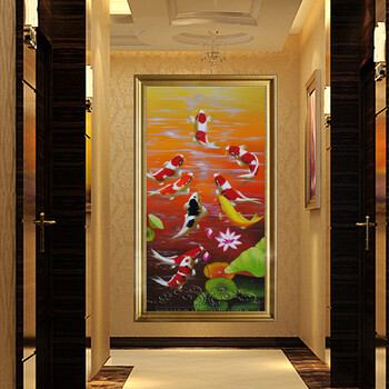 
                                        玄关装饰画竖版走廊壁画手绘油画单幅有框画欧式画餐厅挂画九鱼图 有框画 50*70厘米                