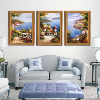 
                                        水竞地中海油画手绘欧式壁画客厅风景装饰画现代三联画有框 三联一套 60*80                