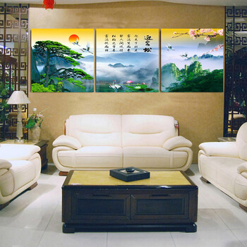 唯画 现代客厅装饰画无框画沙发背景墙画迎客松卧室玄关挂画壁画山水风景画流水生财聚宝盆 迎客松 80*80