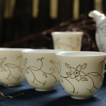 
                                        永丰祥 手工描金藤草玉瓷陶瓷茶具 功夫茶杯茶壶套装礼品 整套茶具套装 YFX126                