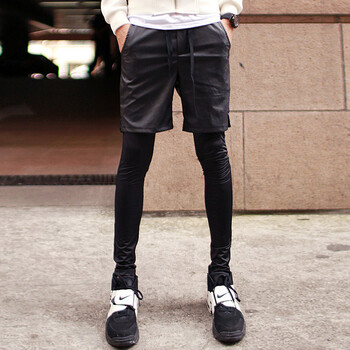 原创百搭修身皮潮男<em>短裤</em>假<em>短裤配打底裤</em>假两件