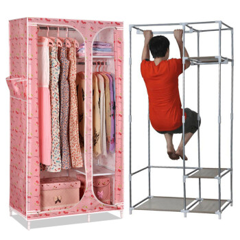 欧丽雅 布衣柜钢管加厚加粗加固单人小号 简易衣橱组合折叠衣柜 粉色樱桃