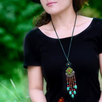 烟雨江南<em>民族风</em>项链<em>毛衣</em>链金属中国结松石吊坠