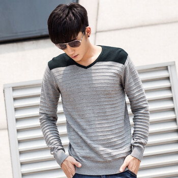 GASLEN 男士<em>毛衣</em>外套 <em>男式</em>韩版<em>条纹</em>套头V领