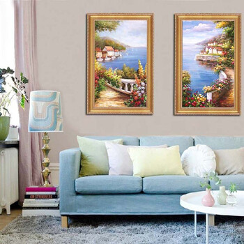 
                                        水竞地中海油画手绘欧式壁画客厅风景装饰画现代三联画有框 三联一套 60*80                