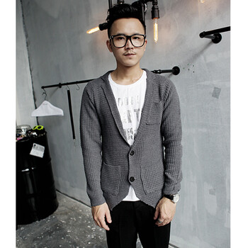 迢也 秋装新款<em>男士针织开衫西装</em>款大<em>V领</em>纯色针