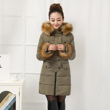 meropia2014羽绒服女中长款修身大毛领连帽加