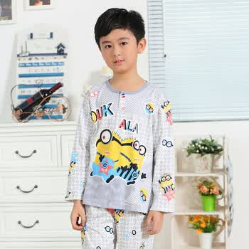 纯棉<em>儿童睡衣</em> 春秋长袖时尚卡通<em>小黄人</em>女童男