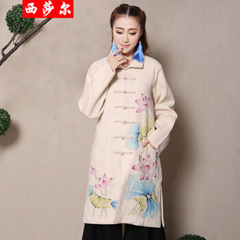 014新款秋冬中式手绘荷叶棉麻<em>女装风衣外套</em>女