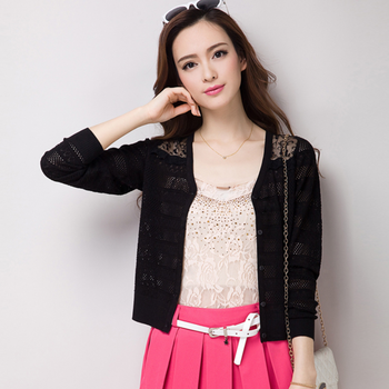 4春秋新款肩部蕾丝拼接镂空防晒<em>针织开衫女</em> 修