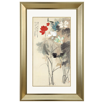 
                                        吉运来卧室沙发客厅装饰画墙画挂画中式壁画有框张大千-五色荷花 香槟银GHXS-611 外框尺寸72*120cm                