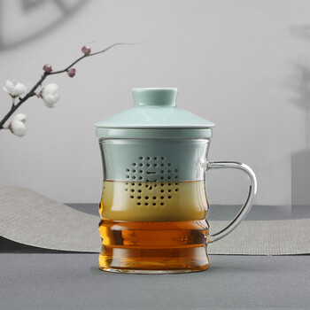 
                                        一园国际 办公茶杯 影青竹韵杯 陶瓷过滤耐热玻璃杯身杯身泡茶杯家用  礼盒包装 350ML                