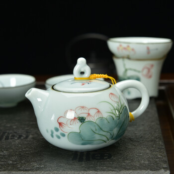 
                                        肖字和德 黑檀木乌金石茶盘茶具套装四合一 花梨实木茶盘 汝窑/冰裂/紫砂/粗陶茶具套装 黑檀万福手绘荷韵4合1                