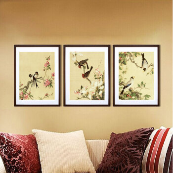 
                                        客厅装饰画新中式沙发背景墙画卧室挂画餐厅壁画花鸟国画三联画 齐白石JKA三件套 40X50cm雅黑画框                
