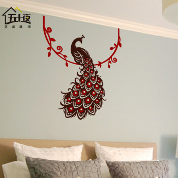
                                        五十夜孔雀精雕墙贴纸 卧室客厅背景墙玄关餐厅贴装饰 咖啡+红 大                