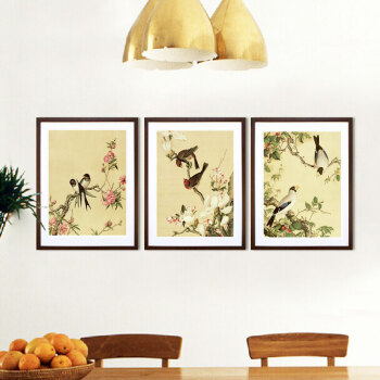 
                                        客厅装饰画新中式沙发背景墙画卧室挂画餐厅壁画花鸟国画三联画 齐白石JKA三件套 40X50cm雅黑画框                