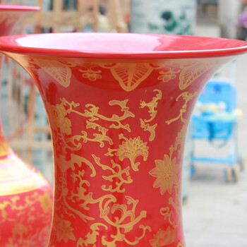 
                                        欢畅 景德镇陶瓷落地花瓶 中国红金缠枝满花大花瓶客厅酒店摆件装饰品sz-107 1.2米一对                