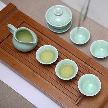 
                                        天泽（TIAN ZE）功夫茶具套装整套龙泉青瓷家用茶杯盖碗公杯汝窑陶瓷盖壶茶海 普通礼盒包装                