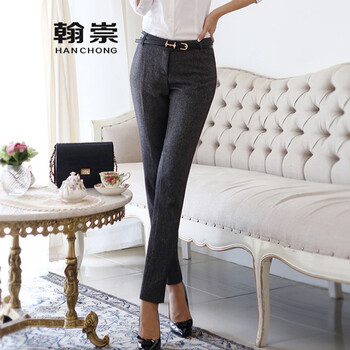 翰崇 春秋韩版时尚高品质百搭女长裤正装裤 OL通勤职业西裤 灰色 M