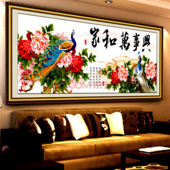 卡蒂奇十字绣成品家和万事兴孔雀牡丹绣好的成品客厅挂画机绣电脑绣不含框 家和万事兴成品155*55厘米
