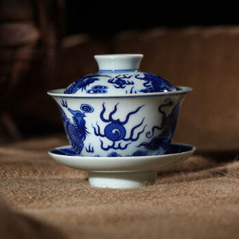 
                                        淘瓷缘景德镇瓷器茶具盖碗三才手工杯陶瓷茶碗茶杯手绘青花瓷茶器盖杯 龙凤                