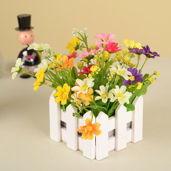 
                                        浩瀚 田园木质栅栏小翠花套装 仿真花绢花家居装饰 雏菊小菊花家居装饰摆设 长方形栅栏+QQ玫玫红                