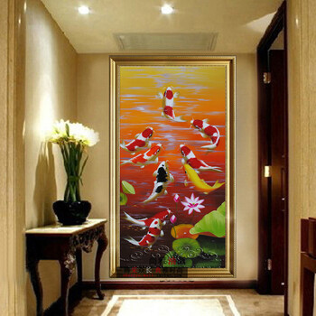 
                                        玄关装饰画竖版走廊壁画手绘油画单幅有框画欧式画餐厅挂画九鱼图 有框画 50*70厘米                