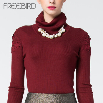 自由鸟freebird秋冬款女毛织上衣 简约百搭高领蕾丝长袖上衣4220171 4DA黑色 L