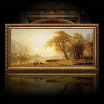 
                                        水竞风景油画欧式客厅挂画风水画聚宝盆横幅办公室装饰画书房壁画 古铜金实木框 100*70                