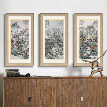 
                                        墙蛙 深山客厅装饰画山水画国画办公室挂画中式沙发背景墙画壁画 洪水发 ABC一套 素雅木纹画框 外框尺寸48cm*88cm                