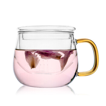 品茶忆友 二代圆趣杯 耐热玻璃杯花茶杯p-03保温办公杯过滤泡茶杯 三件杯玻璃茶杯 平盖黄把圆趣