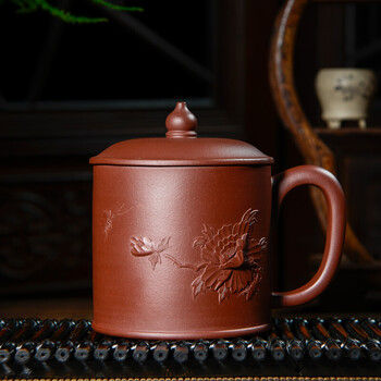 
                                        尊壶 宜兴紫砂杯陶瓷盖杯大号泡茶杯原矿茶具杯 大牡丹杯500ml                