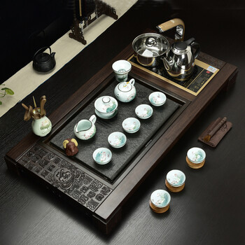 
                                        肖字和德 黑檀木乌金石茶盘茶具套装四合一 花梨实木茶盘 汝窑/冰裂/紫砂/粗陶茶具套装 黑檀万福手绘荷韵4合1                