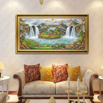 欧美华手绘油画聚宝盆山水风景客厅装饰画有框画酒店左右逢源风水画 5号框6厘米 其他尺寸定制代拍